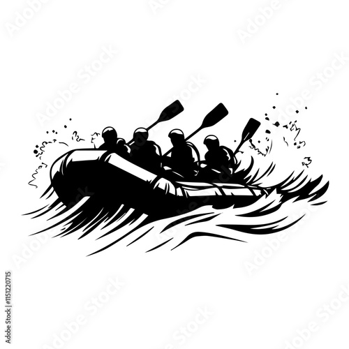 A team of rafters tackling a challenging rapid