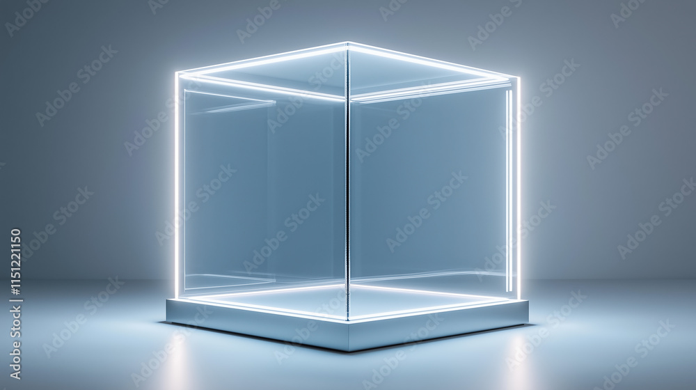 Contemporary Square Glass Showcase with Built-In Lights, Presented on White Background Contemporary Square Glass Showcase with Built-In Lights, Presented on White Background