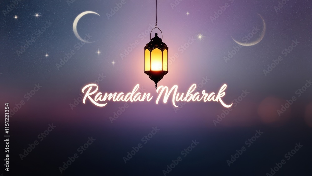 Ramadan Mubarak Greeting with Lantern and Crescent Moons Ramadan Mubarak Greeting with Lantern and Crescent Moons