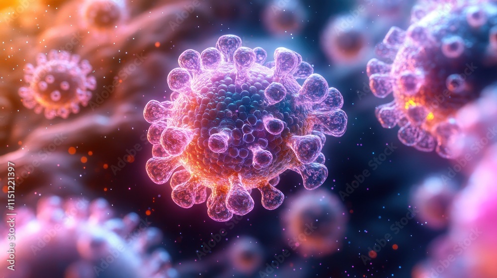 Microscopic view of viruses, detailed rendering of viral structures, infectious agents. Microscopic view of viruses, detailed rendering of viral structures, infectious agents.