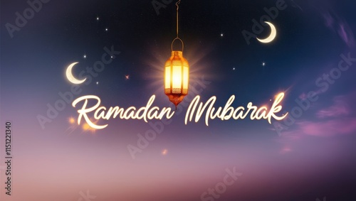 Ramadan Mubarak greeting with lantern and crescent moons photo