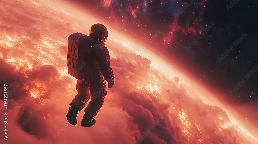 Naklejka premium An astronaut floating in space, witnessing a distant alien planet with auroras glowing in shades of pink and orange, cinematic lighting highlighting the contours of their suit, hd quality,