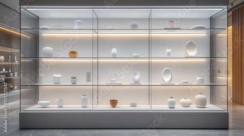 Elegant White Museum Showcase Featuring Glass Shelves in Premium Minimalist Style photo