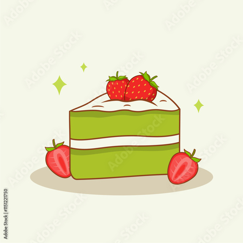 Green Tea Cake Slice With Strawberry. Matcha Cake Illustration