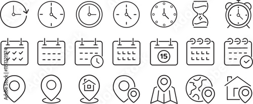 Time, date and address concept editable stroke outline icons set isolated on white background flat vector illustration.