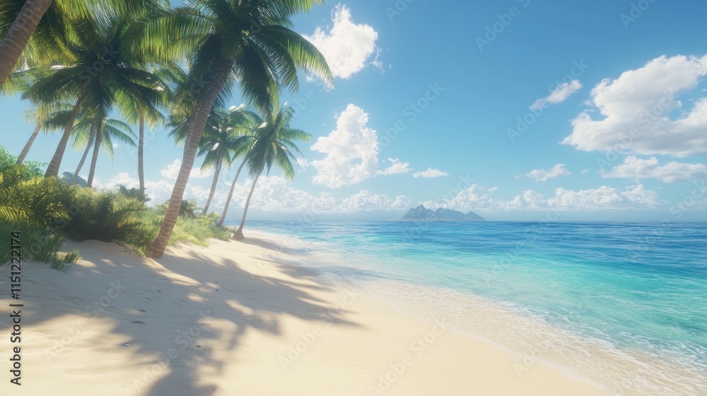 Fototapeta premium Idyllic tropical beach scene with palm trees, white sand, and turquoise ocean under a sunny sky. (7)