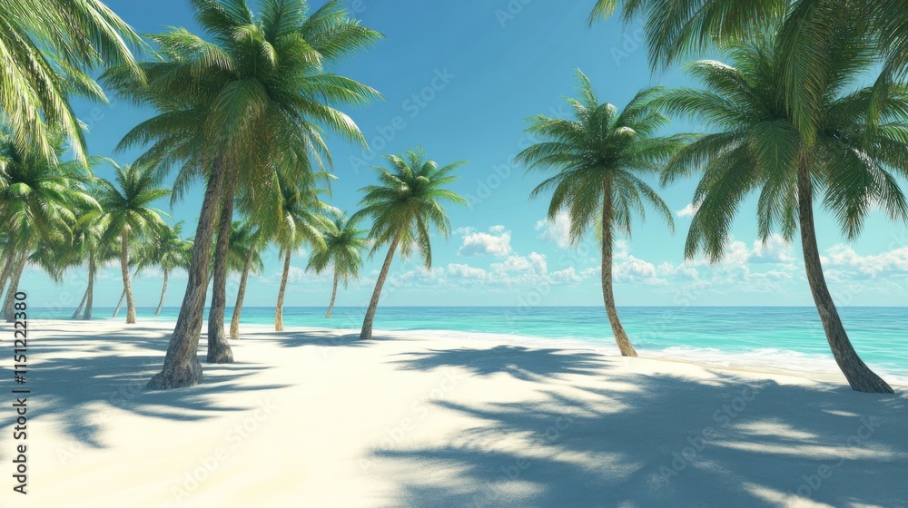Idyllic tropical beach scene with palm trees, white sand, and turquoise water under a sunny sky. Idyllic tropical beach scene with palm trees, white sand, and turquoise water under a sunny sky.