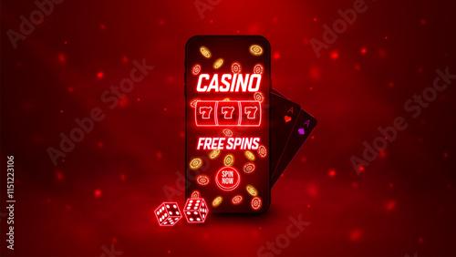 Casino online glowing red mobile banner with button. Poster with smartphone, slot machine, poker chips and playing cards in red scene on background with bright lights.