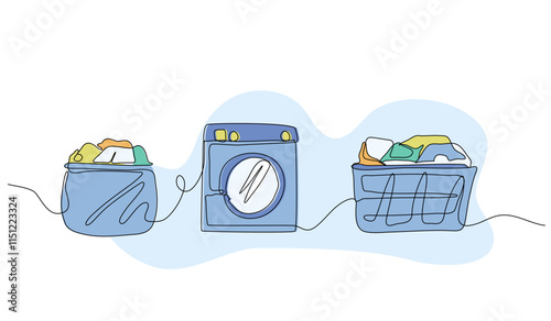 Set of laundry elements. clothes and washing machine. Modern flat in continuous line style.