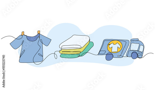 Set of laundry elements. clothes. Modern flat in continuous line style.