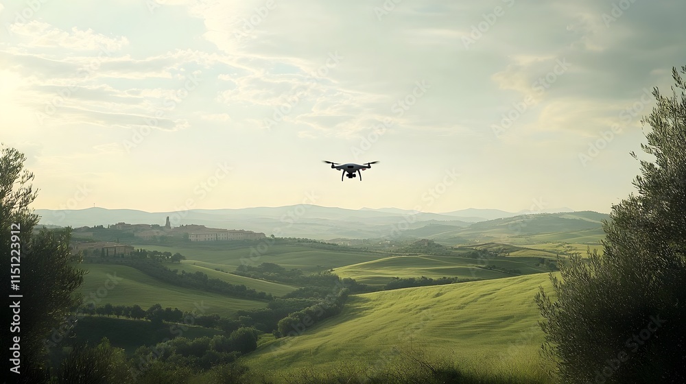 a drone flying over a scenic countryside, controlled by a man with a remote. a drone flying over a scenic countryside, controlled by a man with a remote.