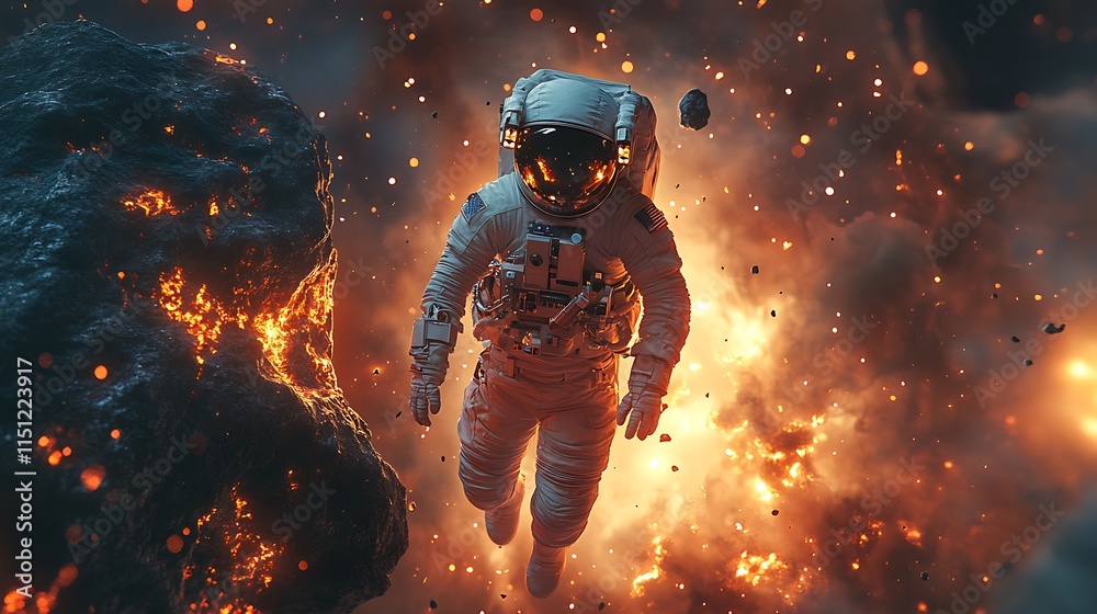 An astronaut floating near an enormous glowing asteroid with cracks of vibrant light, cinematic lighting emphasizing the textures of both suit and rock, hd quality, An astronaut floating near an enormous glowing asteroid with cracks of vibrant light, cinematic lighting emphasizing the textures of both suit and rock, hd quality,