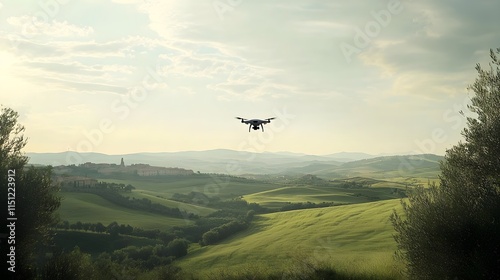 a drone flying over a scenic countryside, controlled by a man with a remote.  photo