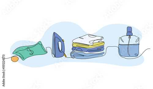 Set of laundry elements. clothes, ironing, and fragrance spray. Modern flat in continuous line style.