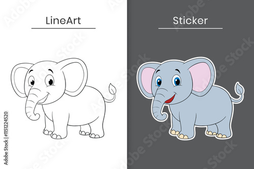 Cute cartoon baby elephant vector outline and sticker. Cute baby elephant line art flat illustration