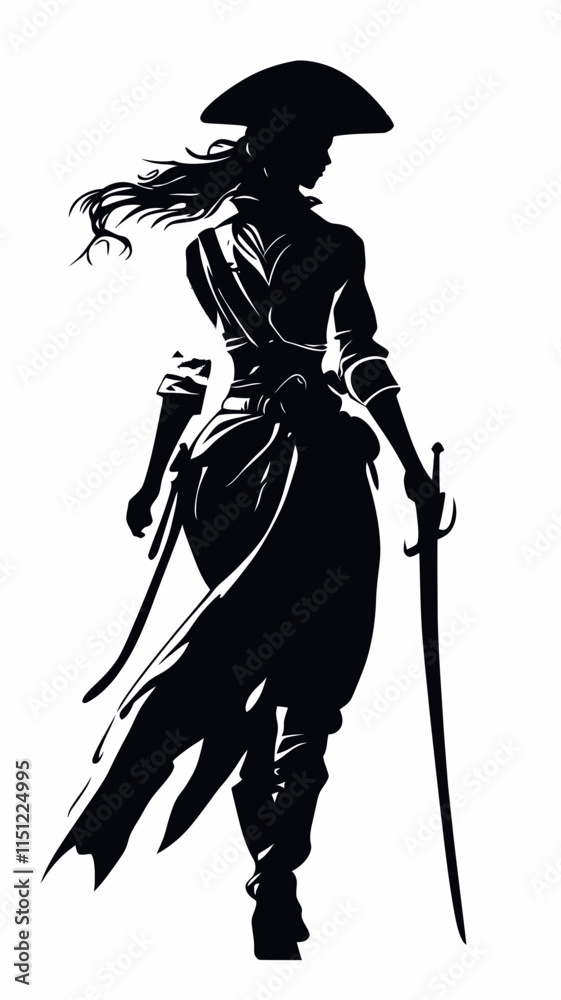 Silhouette Woman Pirate Armed with Sword in Flat Minimalist SVG Vector Art Silhouette Woman Pirate Armed with Sword in Flat Minimalist SVG Vector Art