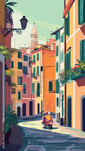 Retro Italy Street Scene Poster with   Scooter in Summer Vacation Style
