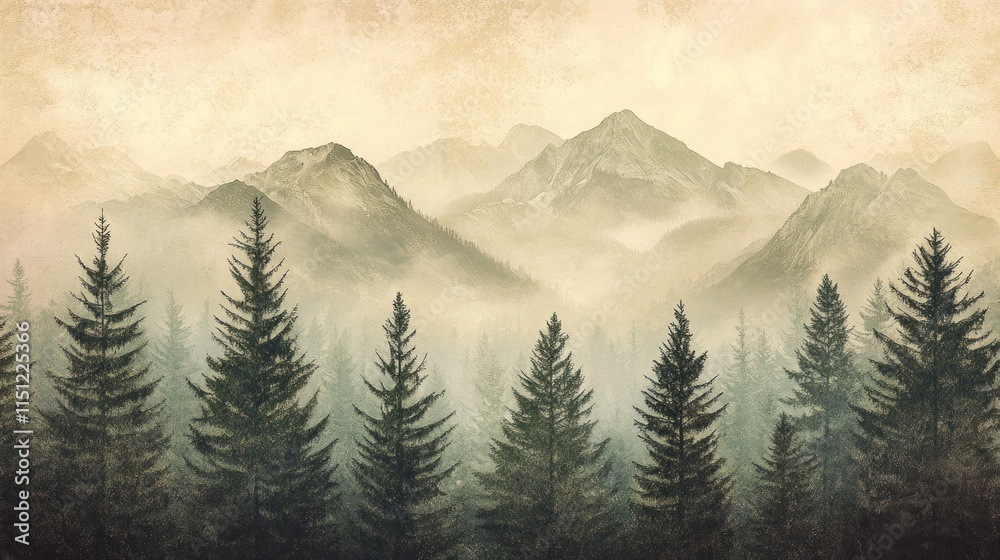 Fototapeta premium Misty mountain range viewed from a forest of evergreen trees.