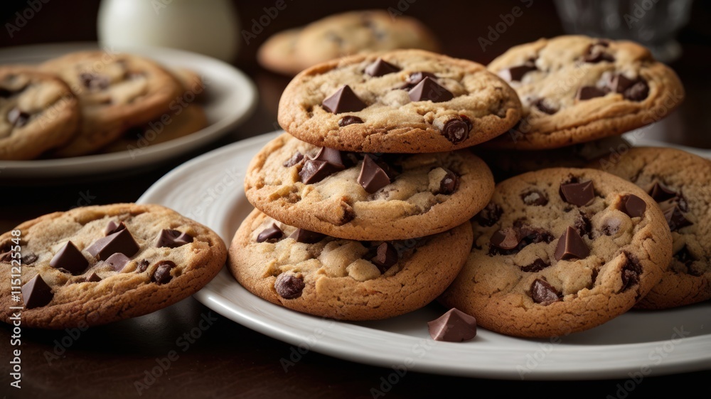 Delicious Chocolate Chip Cookies Stacked on Plate Delicious Chocolate Chip Cookies Stacked on Plate