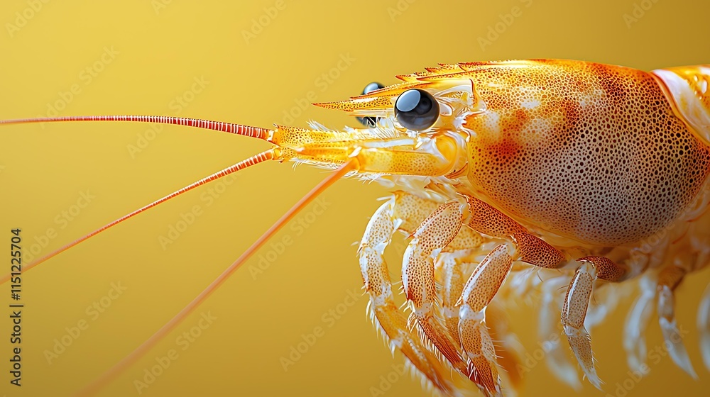 Masterpiece 8k ultra-realistic shrimp with its antennae detailed, placed on a soft yellow gradient background
