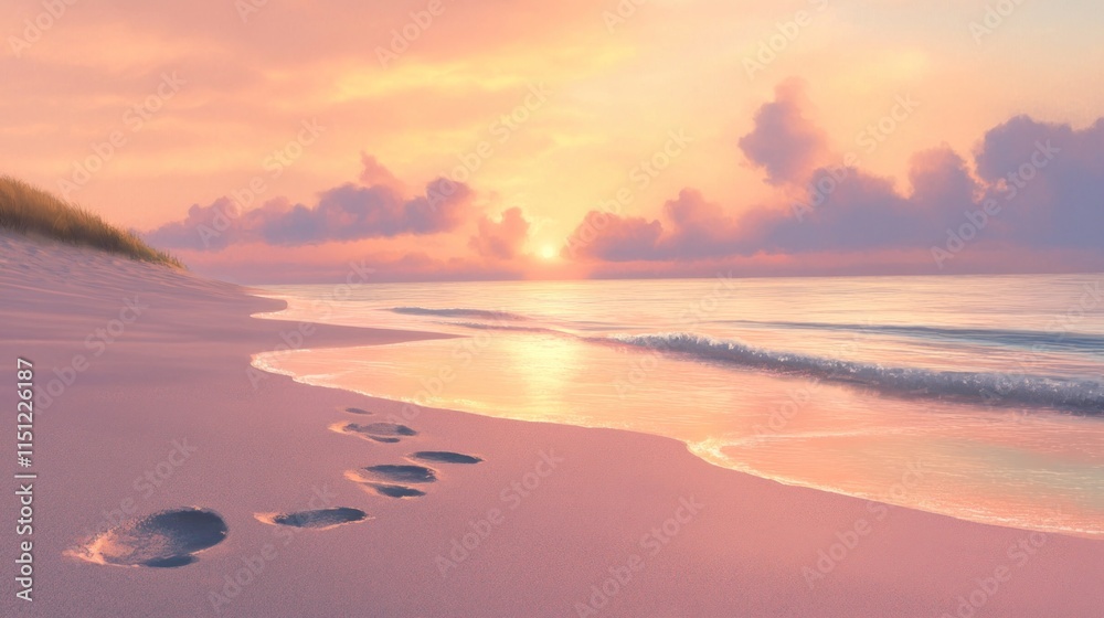 Obraz premium Peaceful sunrise on a sandy beach with footprints leading to the ocean.