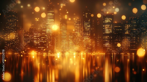 A vibrant city skyline with glowing lights and reflections.