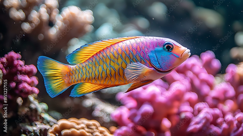 Vibrant parrotfish with its unique colors, isolated on a soft coral pink background Vibrant parrotfish with its unique colors, isolated on a soft coral pink background