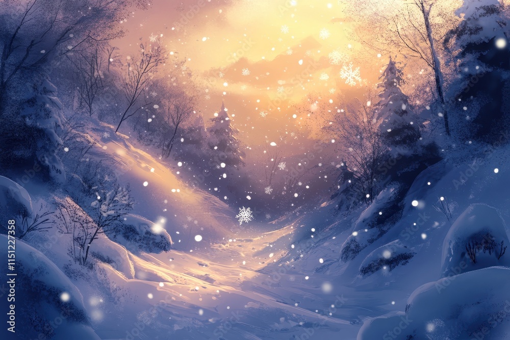Magical winter sunset in snowy mountain valley. Magical winter sunset in snowy mountain valley.