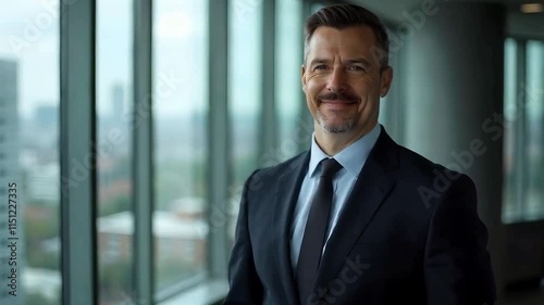 Wallpaper Mural Businessman in a black suit and tie standing confidently in an office with a cityscape through the office windows Torontodigital.ca