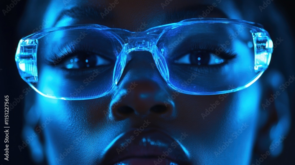Close-up of a person wearing futuristic glasses with blue lighting. Close-up of a person wearing futuristic glasses with blue lighting.