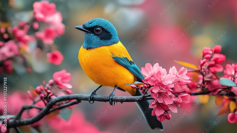 Vibrant yellow-blue bird perched on pink blossoms. Vibrant yellow-blue bird perched on pink blossoms.