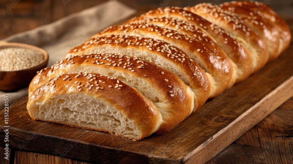 Freshly baked braided bread topped with sesame seeds on a wooden board. Freshly baked braided bread topped with sesame seeds on a wooden board.