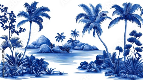 Wallpaper Mural Blue Tropical Paradise Palm Trees Island - Monochromatic palettes Torontodigital.ca