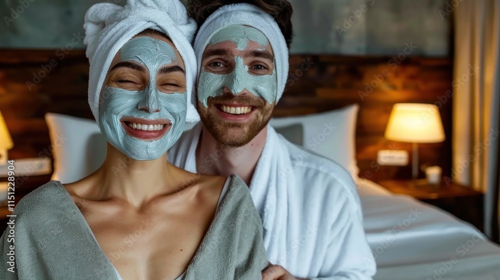 A couple enjoying a spa day with facial masks in a cozy hotel room. A couple enjoying a spa day with facial masks in a cozy hotel room.
