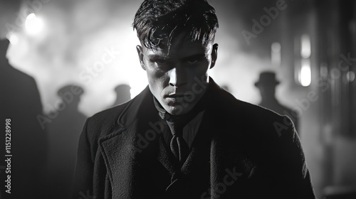 A Young Man In A Dark Coat Stands Among Shadows photo