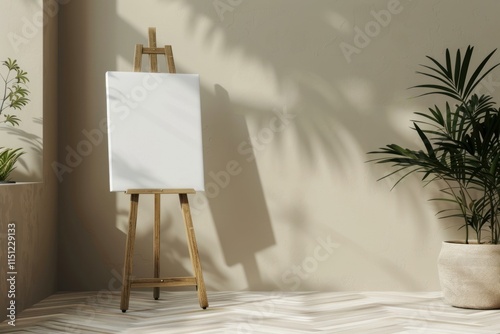 Wooden easel holding a blank canvas in a sunlit artist's studio, creating a peaceful and inspiring atmosphere photo