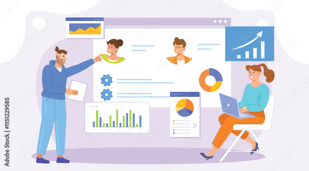 A modern, 2D vector illustration showcasing the concept of business insights and growth analytics. The design features a sleek dashboard with graphs, charts, and data visualizations in vibrant colors.