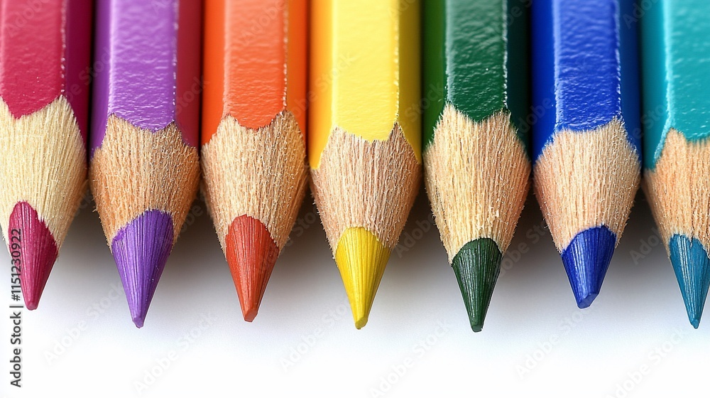 Vivid colored pencils aligned on white background, close up. Vivid colored pencils aligned on white background, close up.