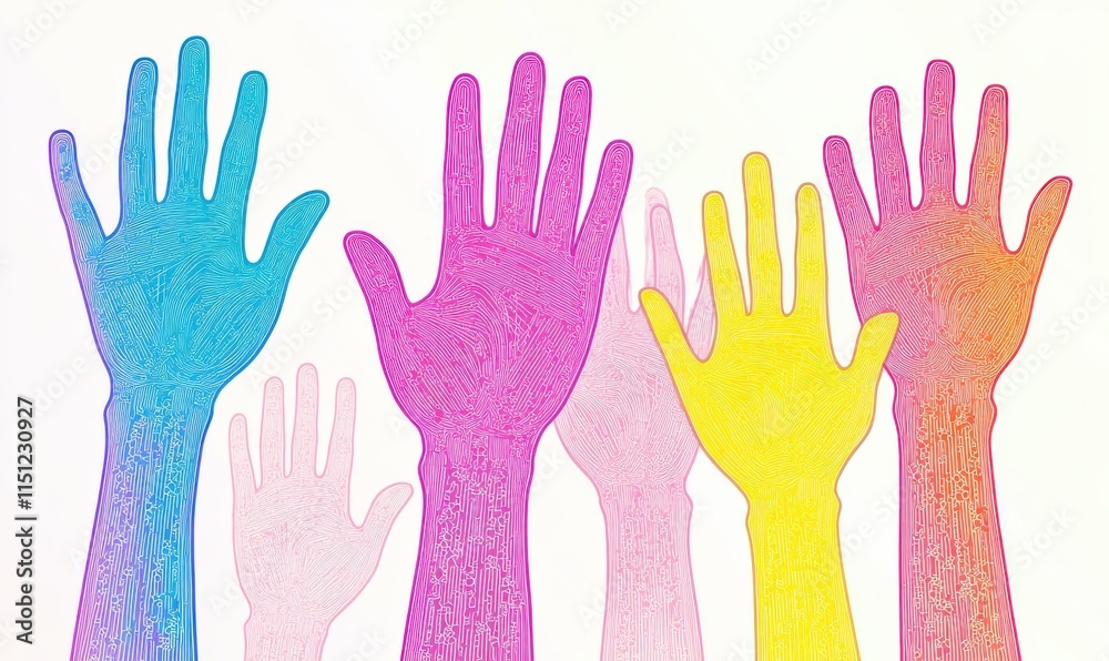 procedural one-line illustration of raised hands procedural one-line illustration of raised hands