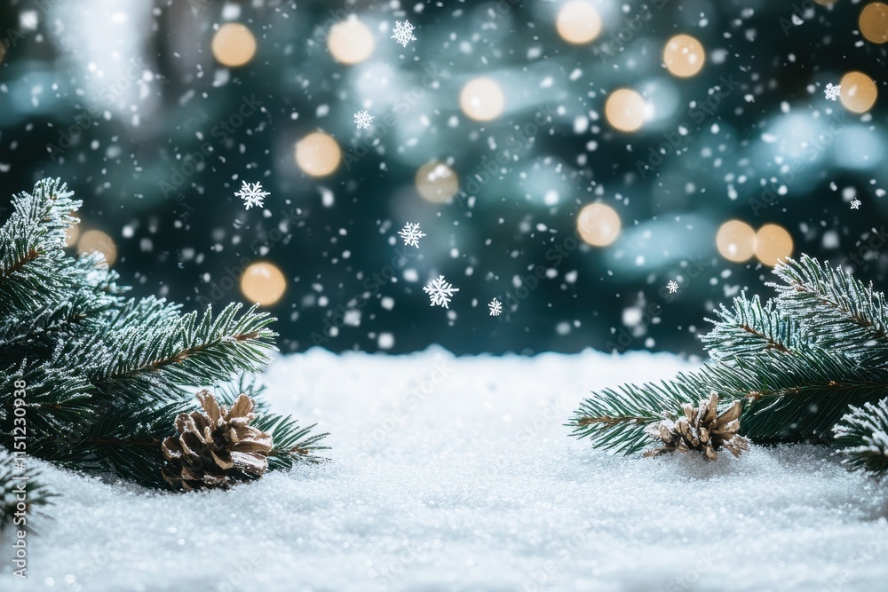 Snowy winter scene with pine branches, pinecones, and bokeh lights. Snowy winter scene with pine branches, pinecones, and bokeh lights.