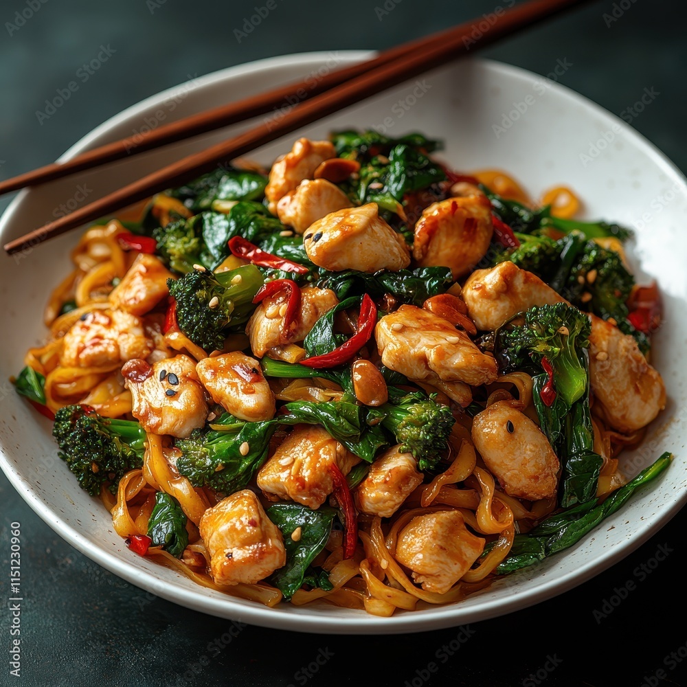 Pad See Ew noodles with chicken and Chinese broccoli served on a plate Pad See Ew noodles with chicken and Chinese broccoli served on a plate