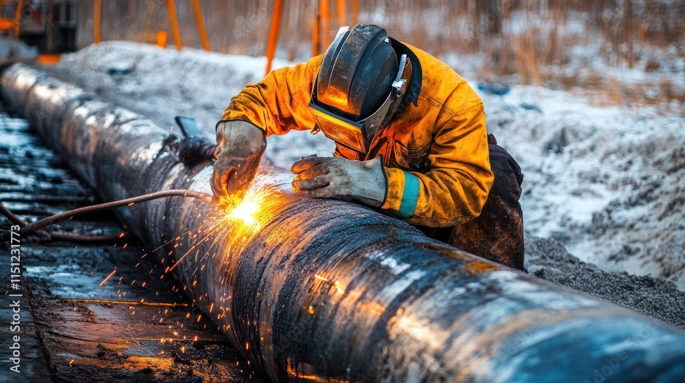 Obraz premium Worker welding a large pipe in an industrial setting.