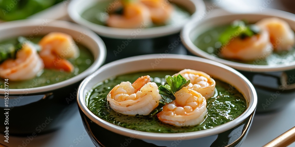 Bowls of creamy spinach soup with shrimp beautifully arranged on a light table create a delightful presentation. Enjoy the rich flavors of creamy spinach soup complemented by succulent shrimp. Bowls of creamy spinach soup with shrimp beautifully arranged on a light table create a delightful presentation. Enjoy the rich flavors of creamy spinach soup complemented by succulent shrimp.