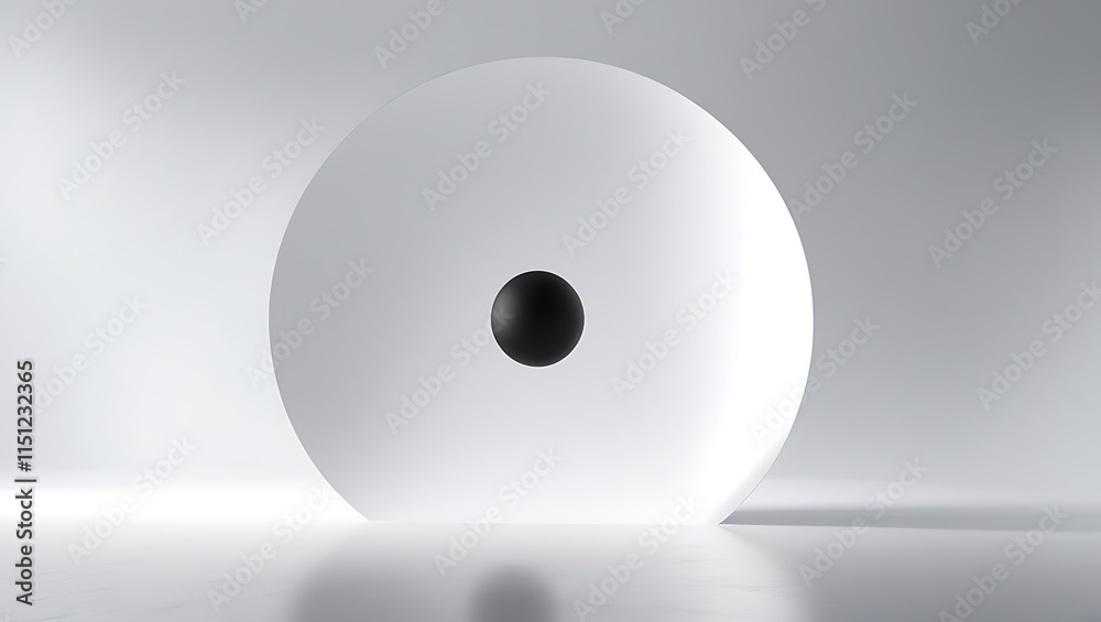 A black sphere rests within a large white disc A black sphere rests within a large white disc