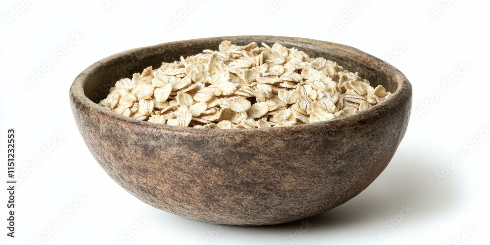 Raw oatmeal presented in a rustic bowl against a clean white background, showcasing the natural texture and wholesome appeal of raw oatmeal for a healthy lifestyle. Raw oatmeal presented in a rustic bowl against a clean white background, showcasing the natural texture and wholesome appeal of raw oatmeal for a healthy lifestyle.