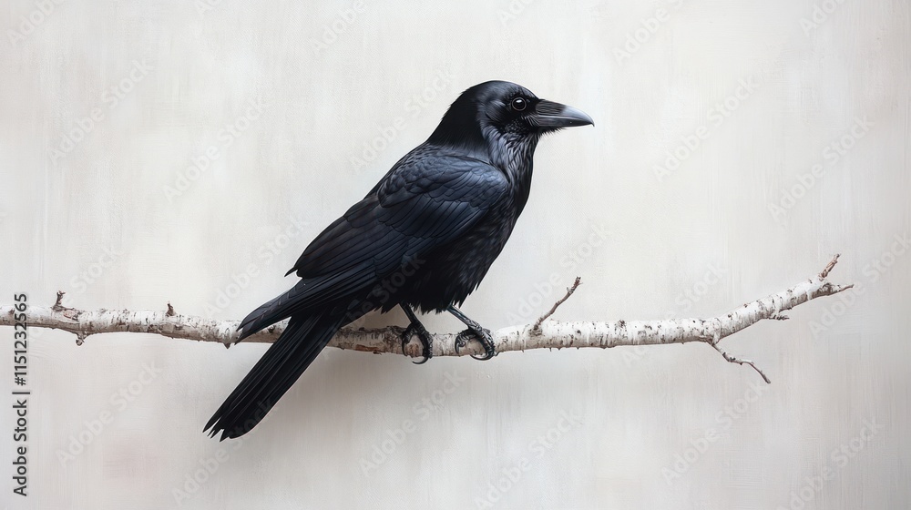 Black crow perched on a birch branch against a light background. Black crow perched on a birch branch against a light background.
