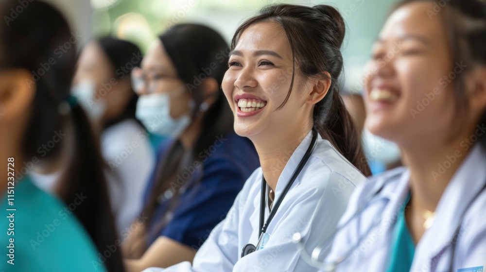 A joyful group of medical students engaged in a learning environment. A joyful group of medical students engaged in a learning environment.