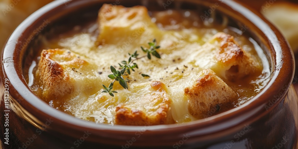 Delicious classic French onion soup topped with cheese croutons and garnished with fresh thyme, presented in a close up view that highlights the rich textures of classic French onion soup. Delicious classic French onion soup topped with cheese croutons and garnished with fresh thyme, presented in a close up view that highlights the rich textures of classic French onion soup.