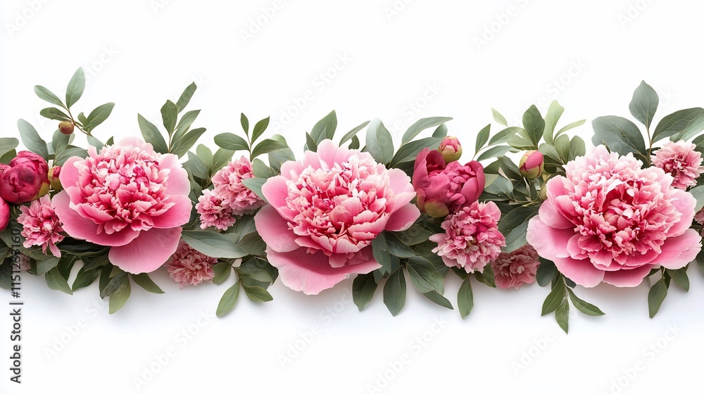 Pink peony blossoms and green leaves border on a white background. Pink peony blossoms and green leaves border on a white background.