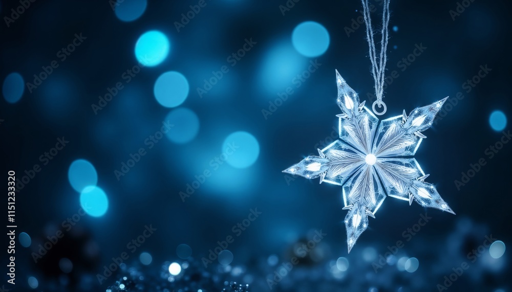 Winter banner with space for text, snowflake hanging on a thread, blue shimmering background.Christmas greeting, event promotion, holiday invitation, festive mood, seasonal marketing materials.